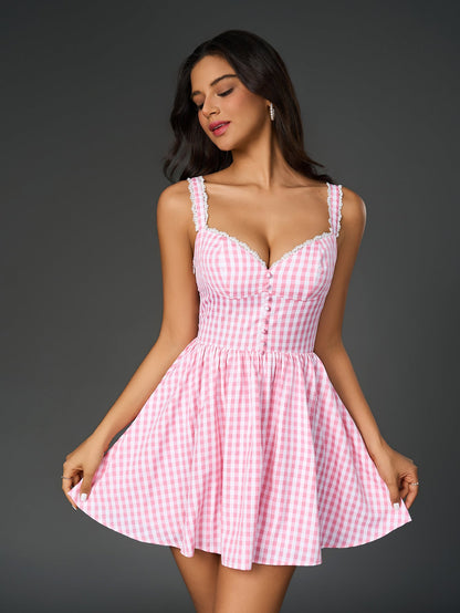Embellished Button Plaid Print Cami Dress