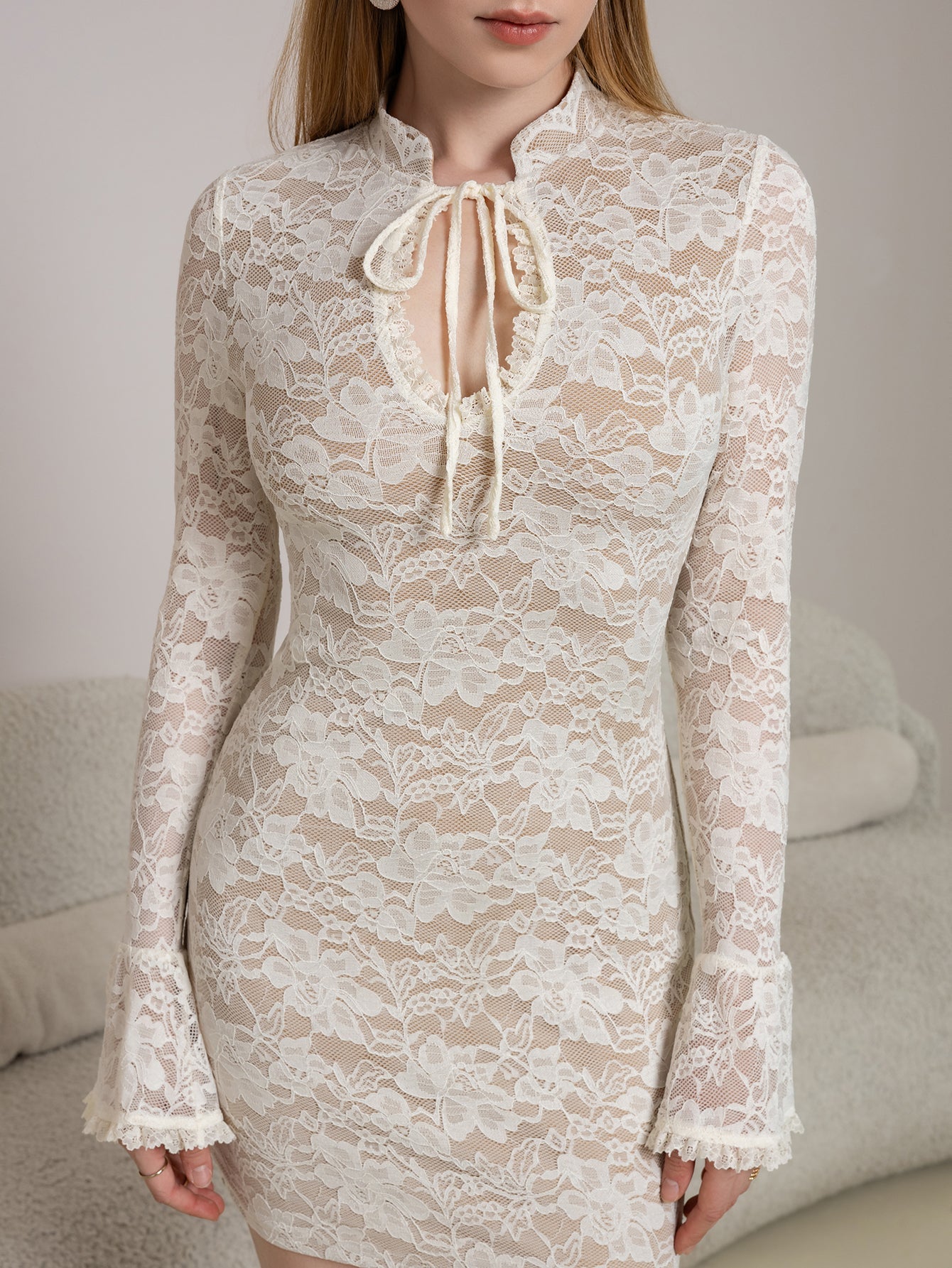 Flounce Sleeve Cut Out Tie Front Lace Mini Dress