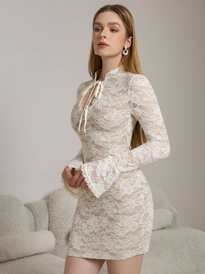 Flounce Sleeve Cut Out Tie Front Lace Mini Dress