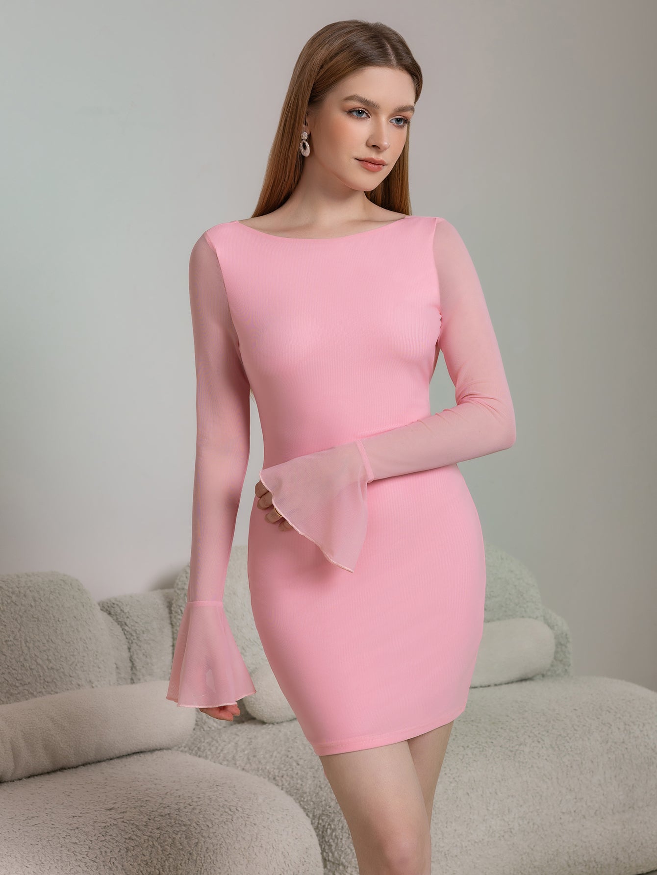 Flounce Sleeve Embellished Bow Tie Backless Mesh Dress