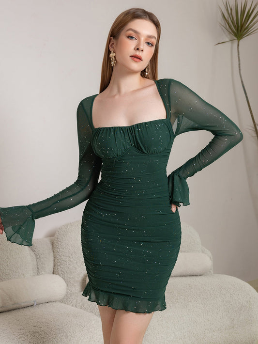 Flounce Sleeve Mesh Sparkly Mini Dress