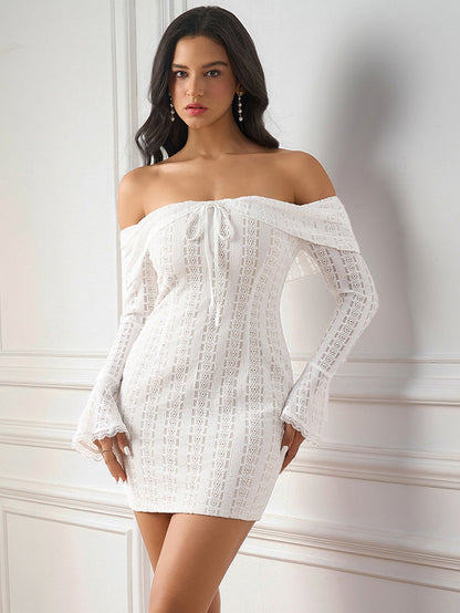 Flounce Sleeve Off Shoulder Lace Bodycon Dress