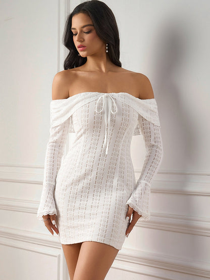 Flounce Sleeve Off Shoulder Lace Bodycon Dress