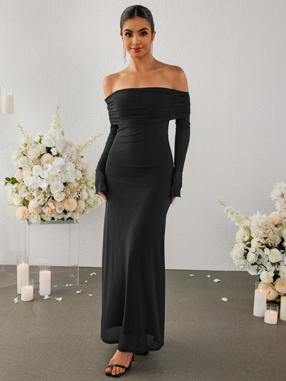Flounce Sleeve Off Shoulder Mesh Bodycon Dress
