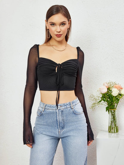 Flounce Sleeve Ruched Bust Zipper Back Crop Top
