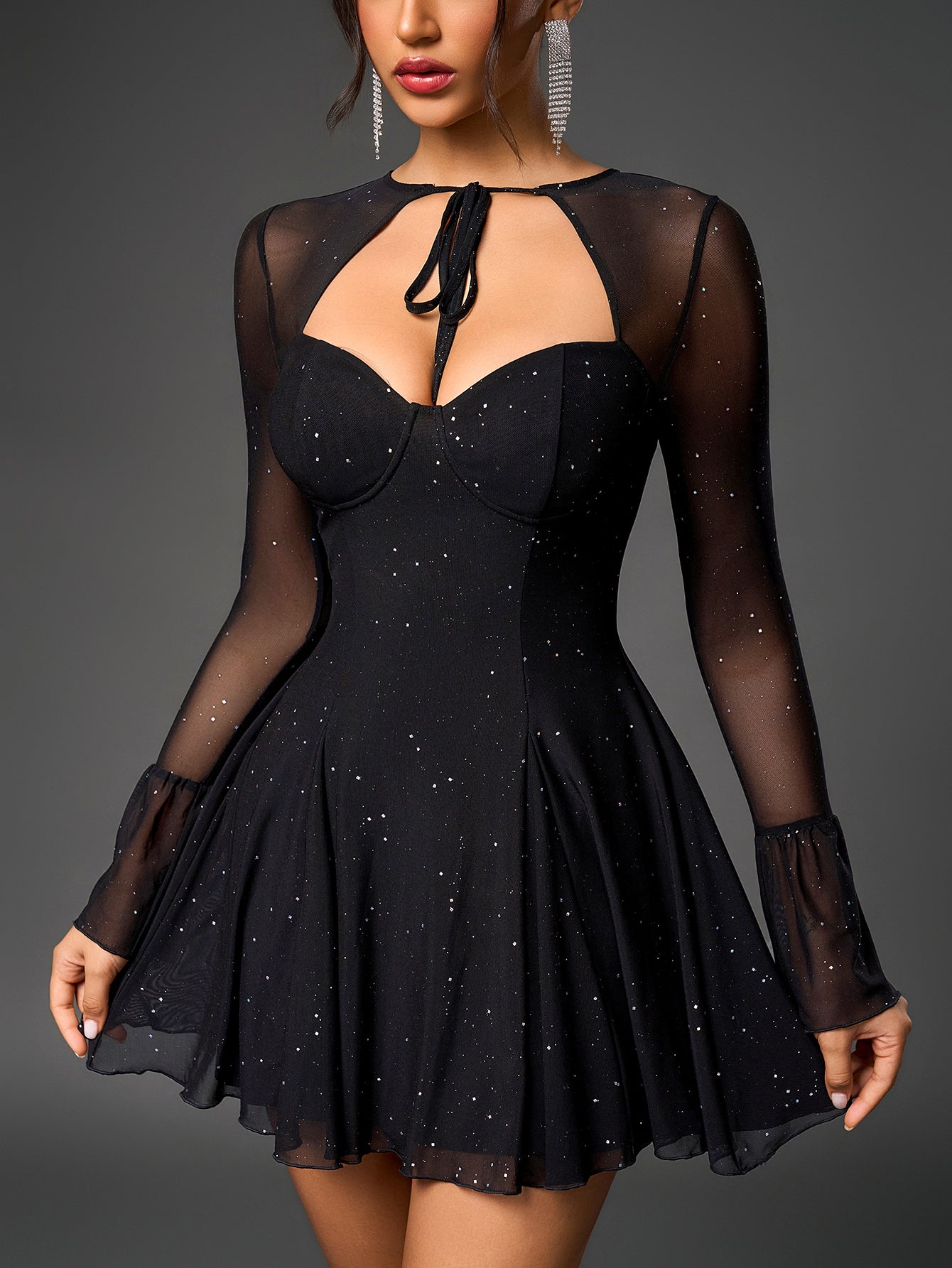 Flounce Sleeve Tie Front Glitter Mesh Flared Dress