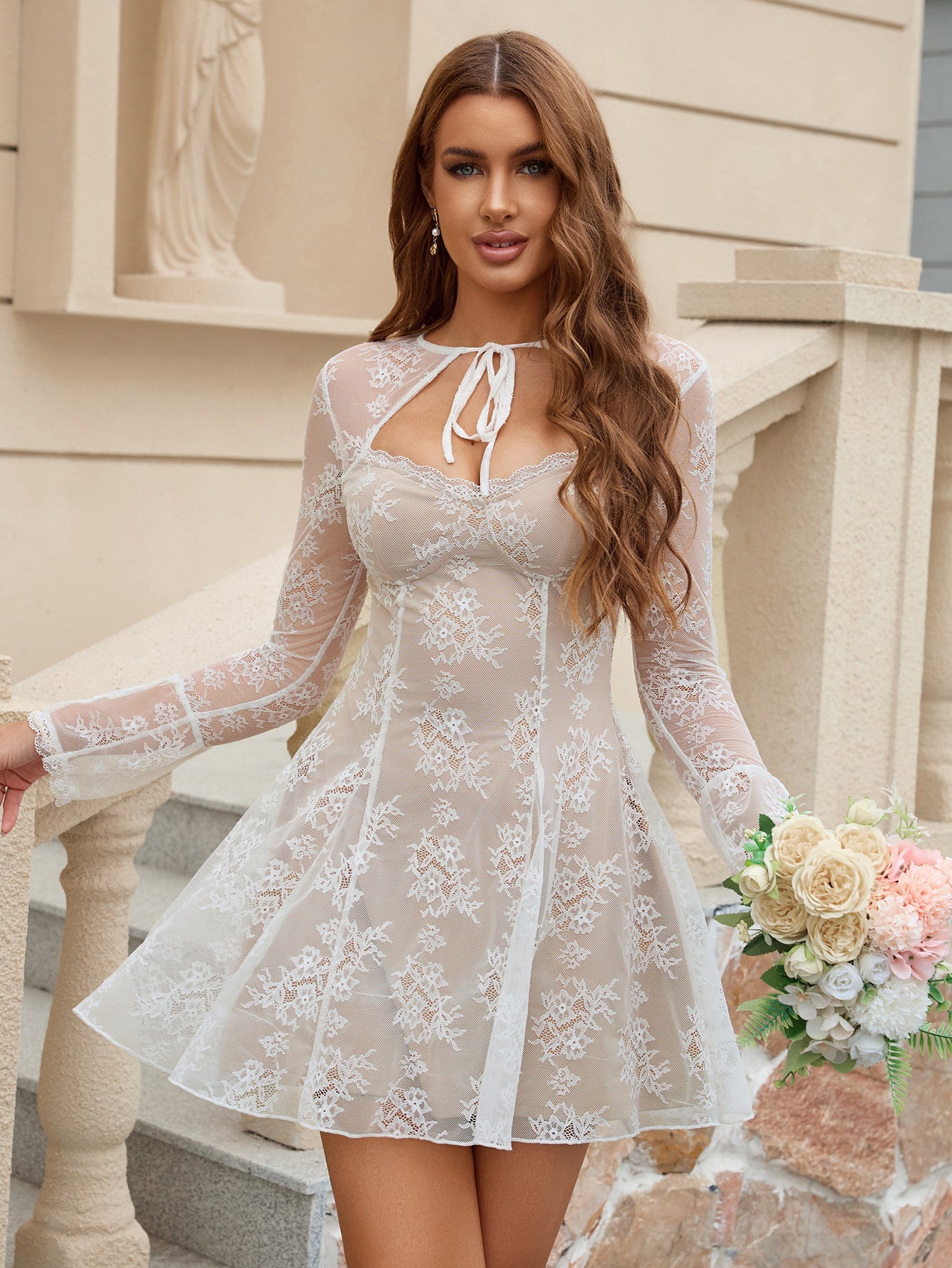 Flounce Sleeve Tie Front Lace Mini Dress