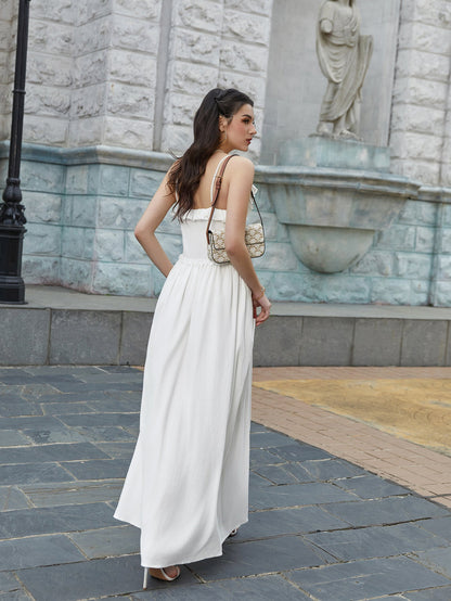 Flounce Trim Tie Front Solid Cami Long Dress