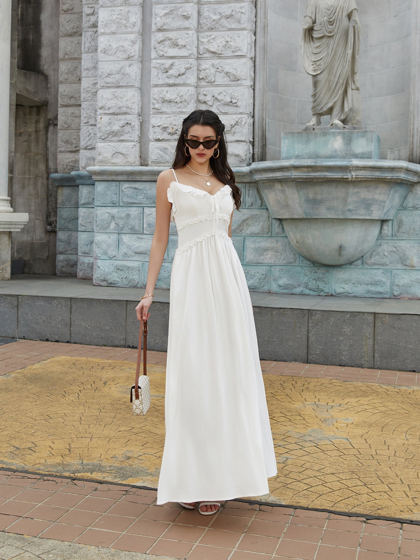 Flounce Trim Tie Front Solid Cami Long Dress