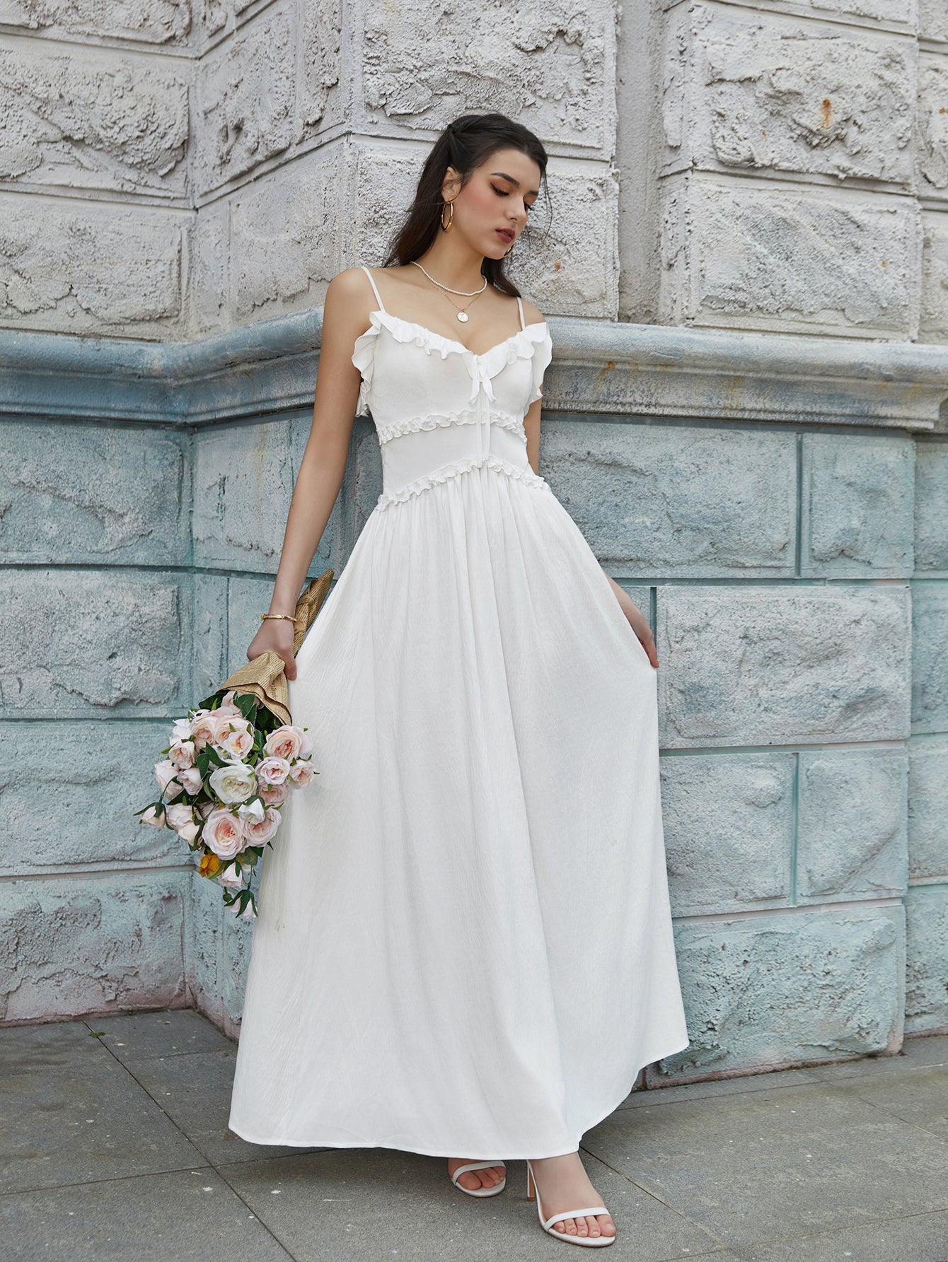 Flounce Trim Tie Front Solid Cami Long Dress