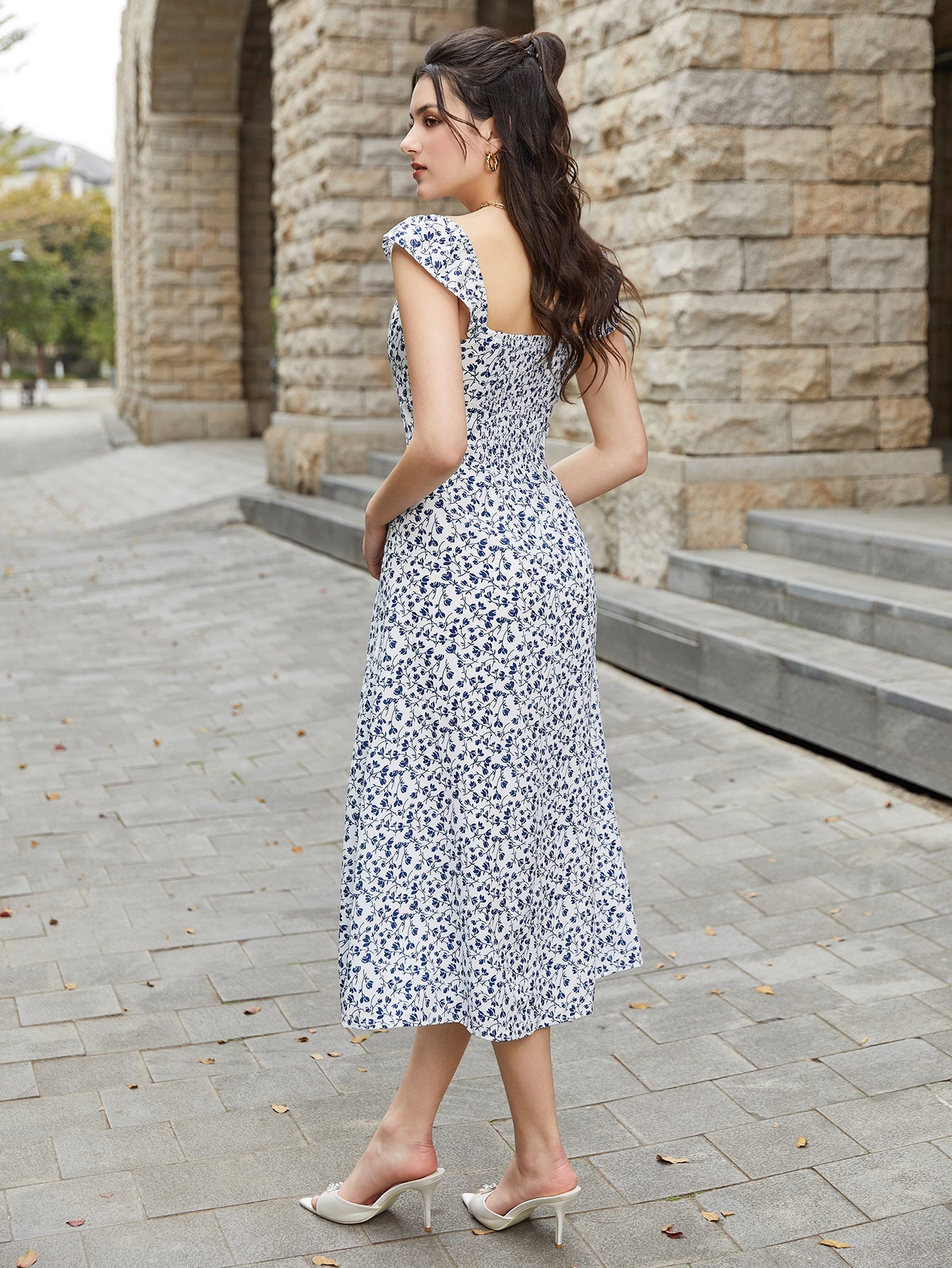 Fly Sleeve Floral Print Ruched Midi Dress