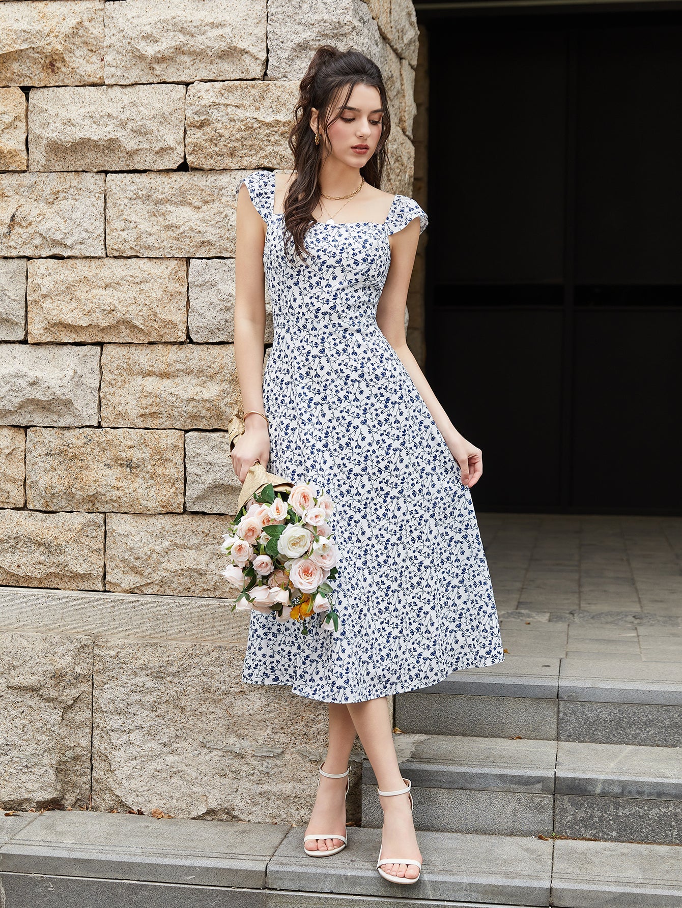 Fly Sleeve Floral Print Ruched Midi Dress