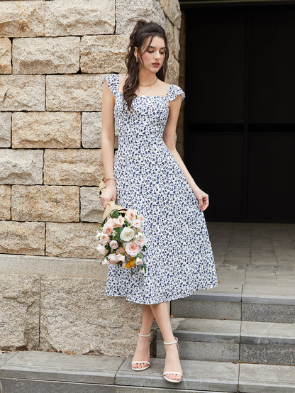 Fly Sleeve Floral Print Ruched Midi Dress