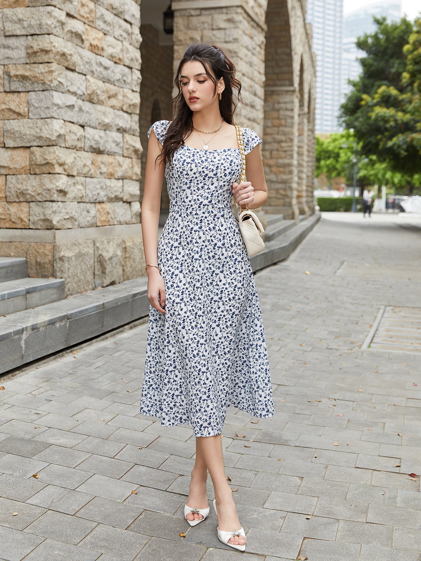 Fly Sleeve Floral Print Ruched Midi Dress
