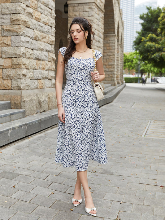 Fly Sleeve Floral Print Ruched Midi Dress