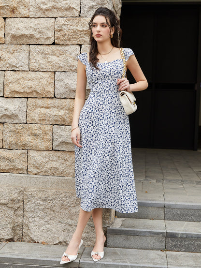 Fly Sleeve Floral Print Ruched Midi Dress