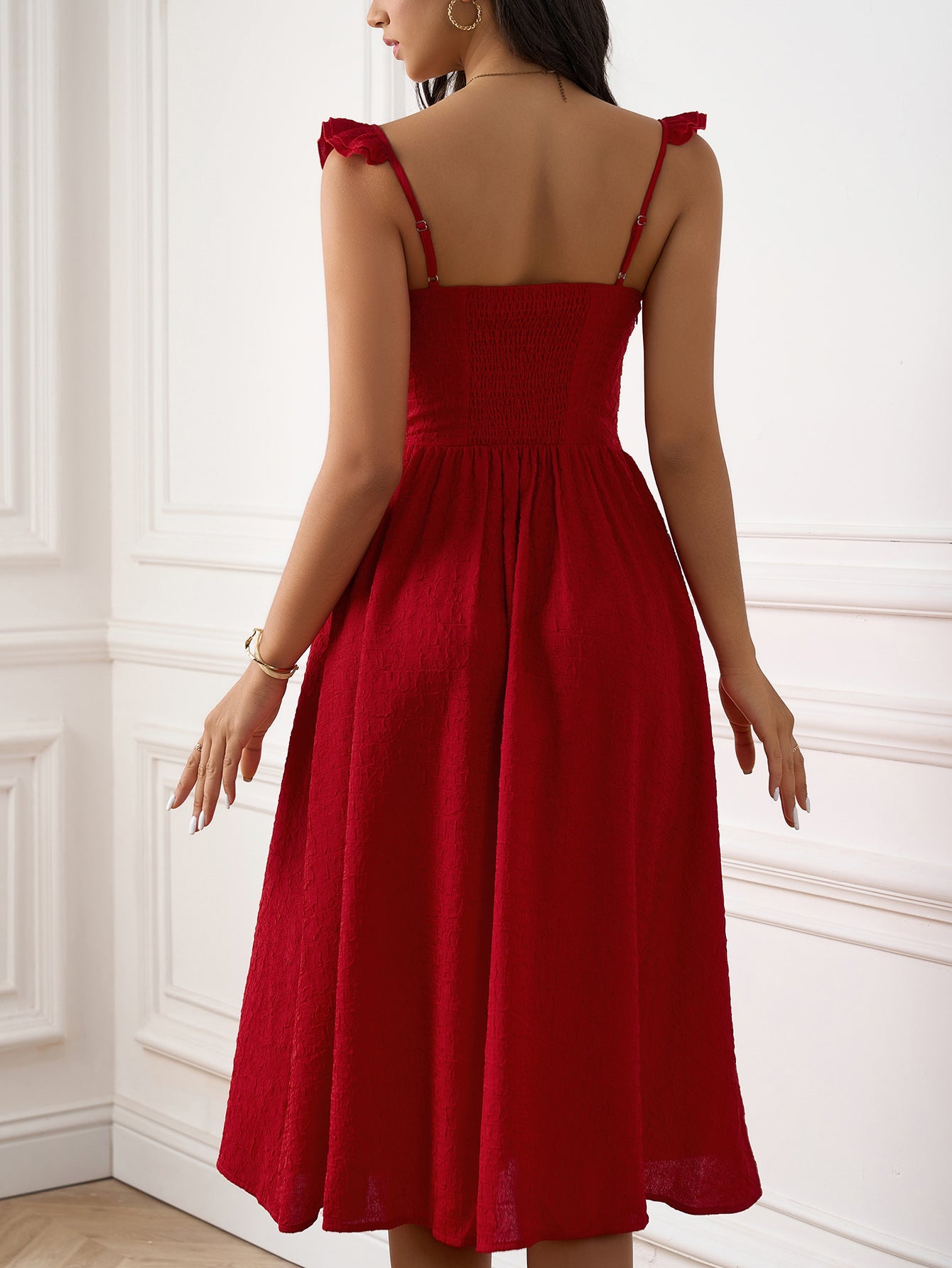 Fly Sleeve Ruched Split Thigh Solid Dress