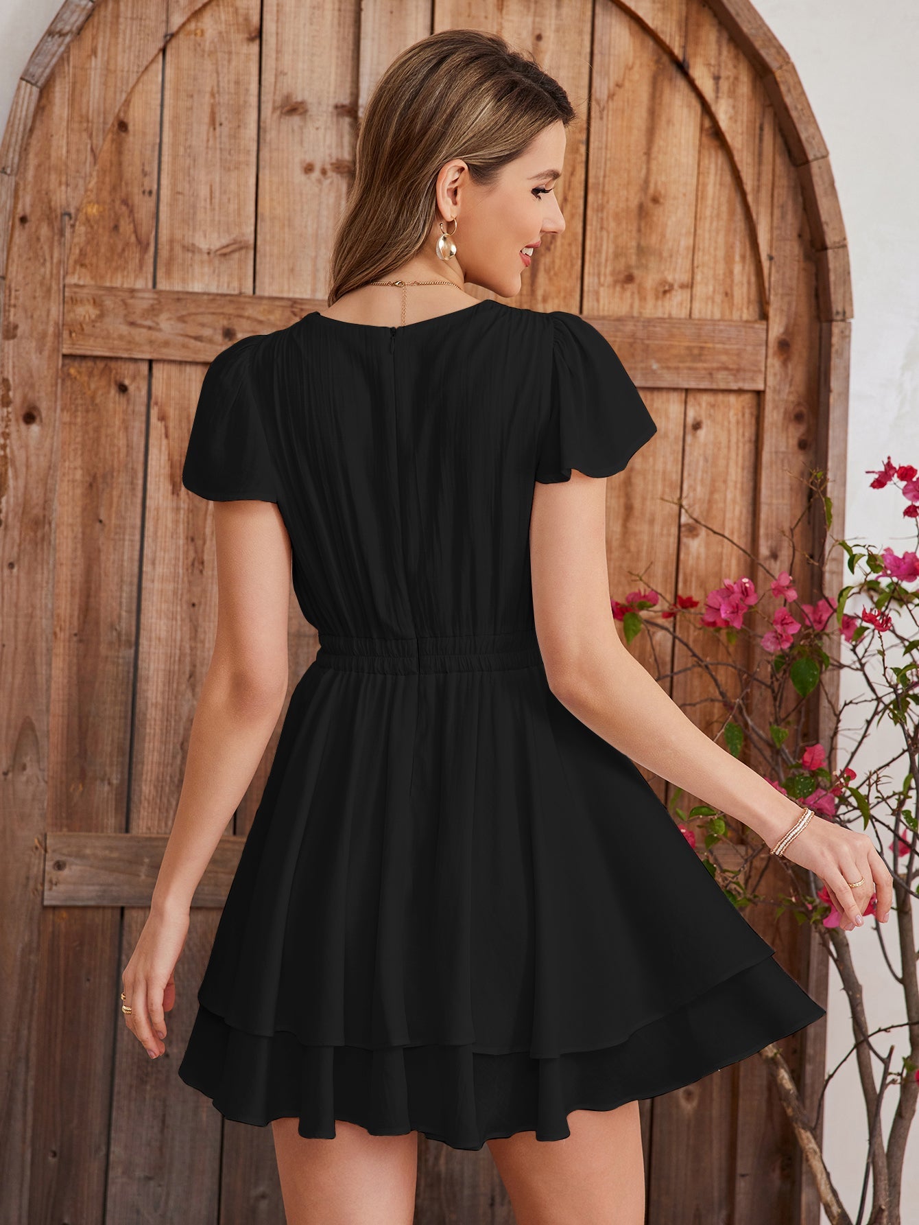 Fly Sleeve Ruched Waist Pleated Mini Dress