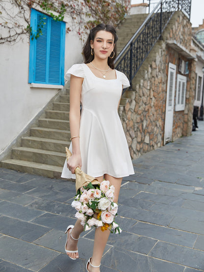 Fly Sleeve V-Neck Back Tie Solid Dress