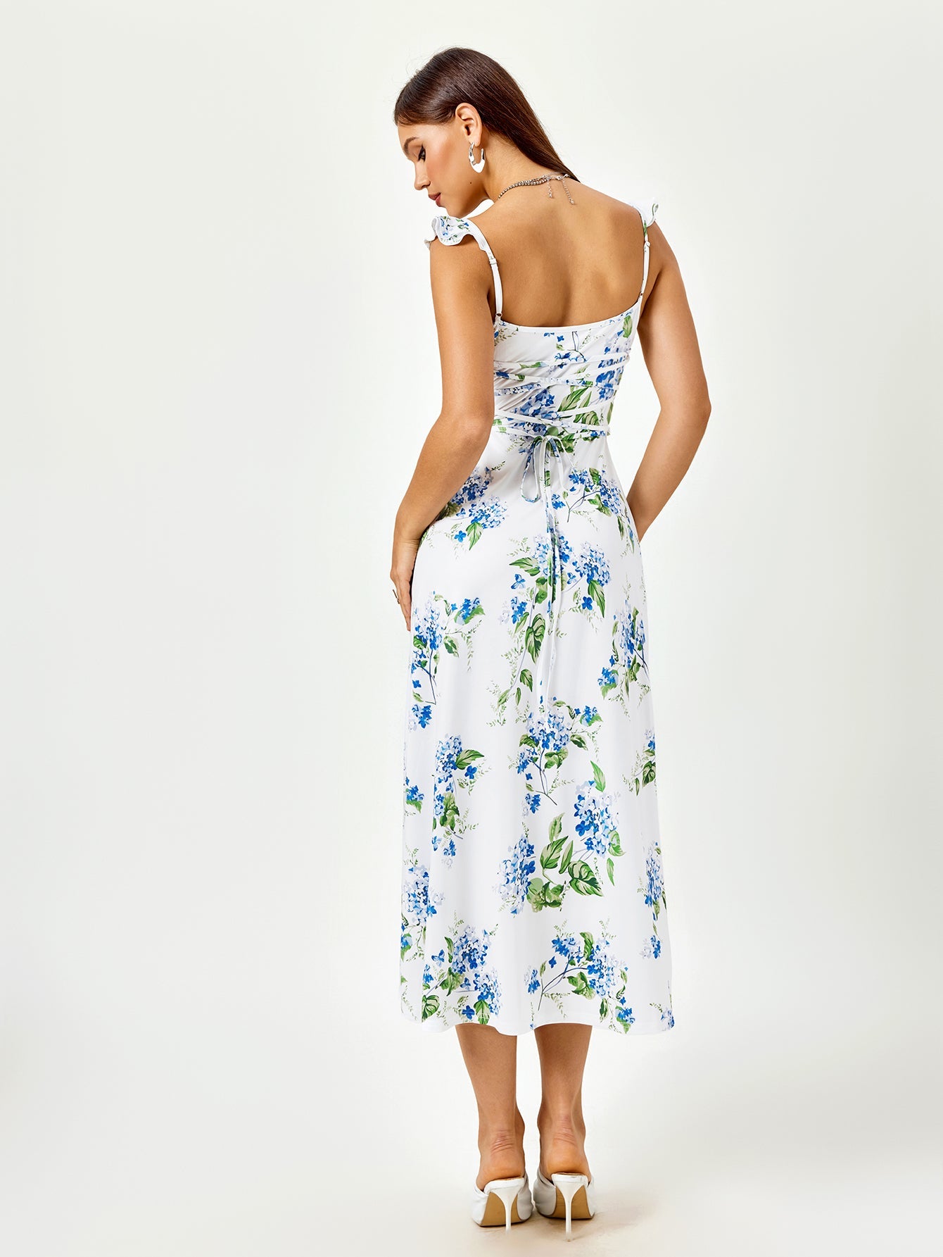 Fly Sleeve V-Neck Crisscross Tie Back Floral Print Dress