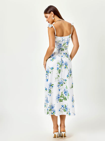 Fly Sleeve V-Neck Crisscross Tie Back Floral Print Dress