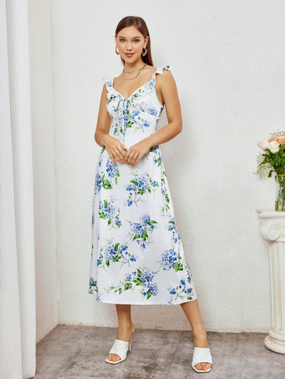 Fly Sleeve V-Neck Crisscross Tie Back Floral Print Dress