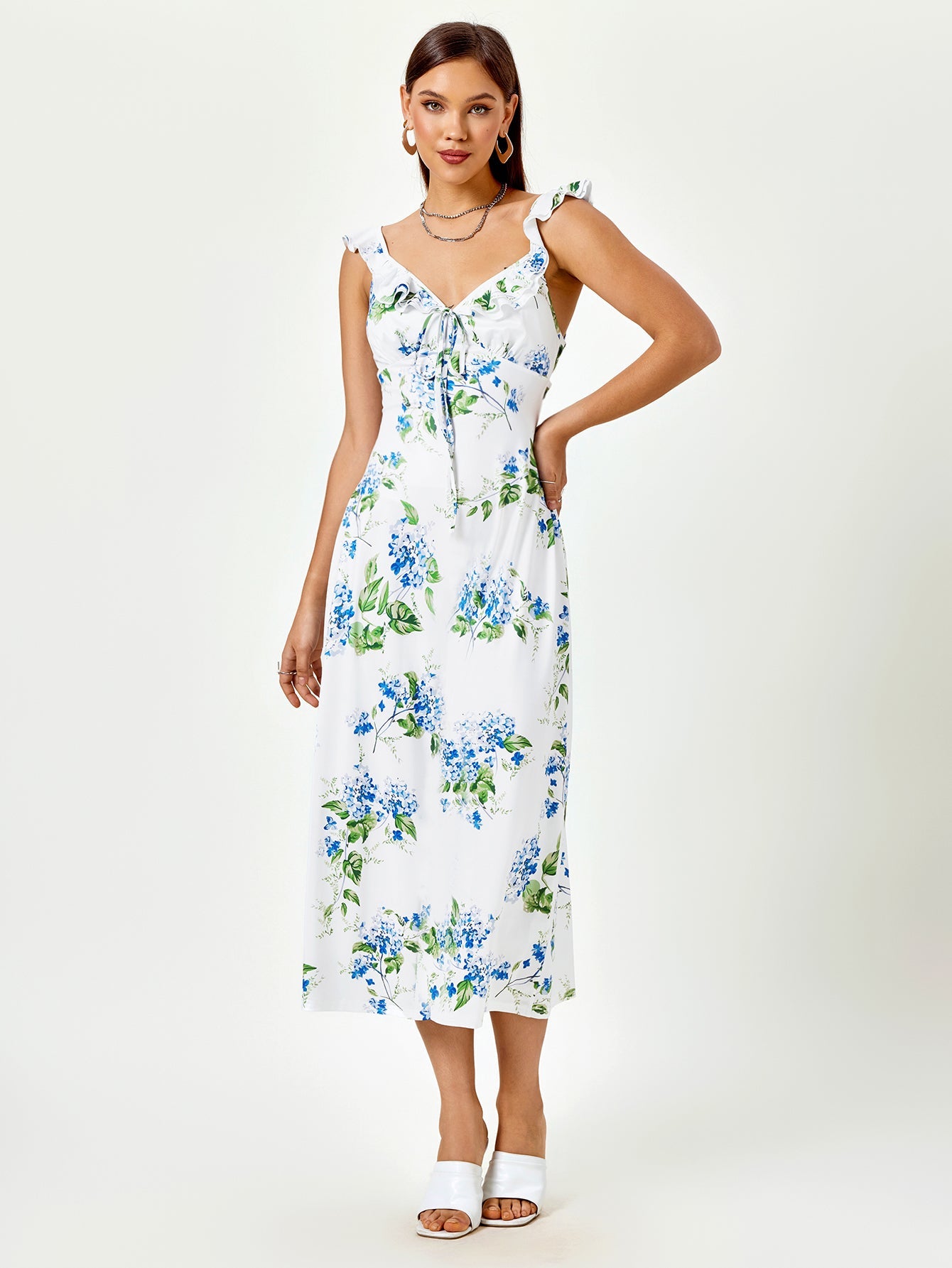 Fly Sleeve V-Neck Crisscross Tie Back Floral Print Dress