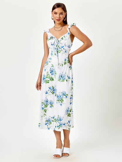 Fly Sleeve V-Neck Crisscross Tie Back Floral Print Dress