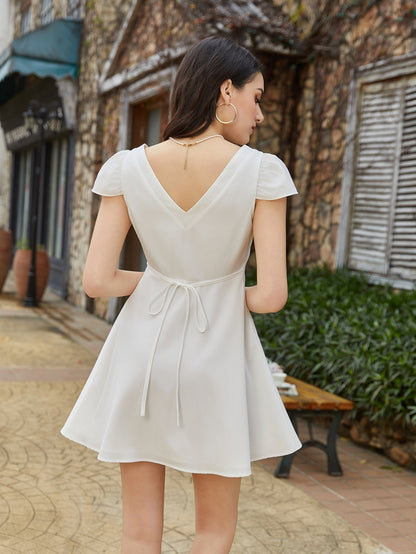 Fly Sleeve V-Neck Back Tie Solid Dress
