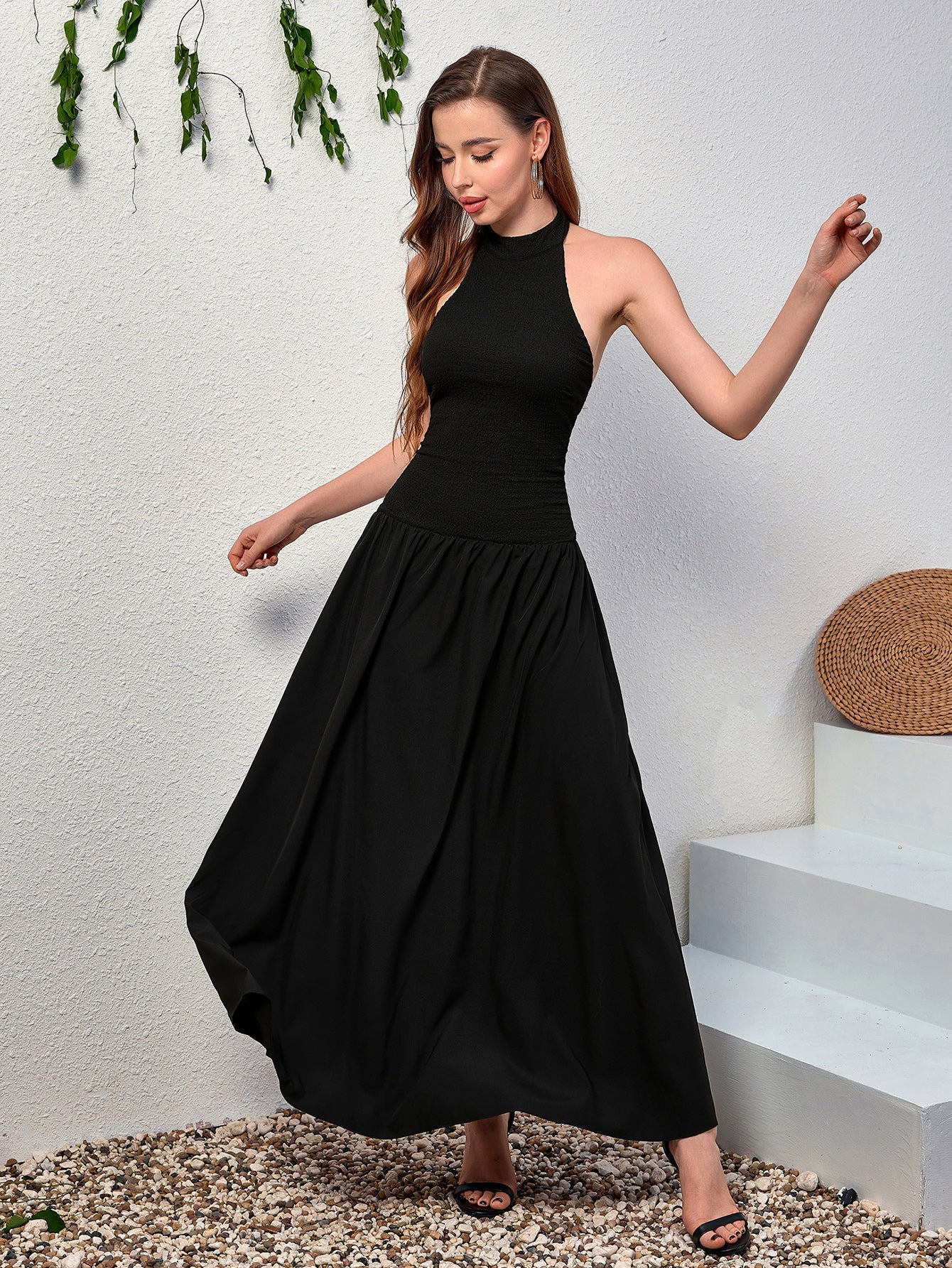 Halter Backless Flared Hem Long Dress