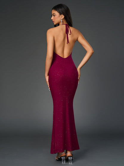 Halter Backless Mesh Sequin Bodycon Dress