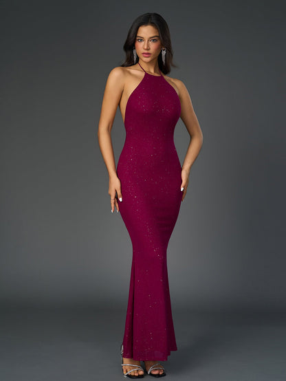 Halter Backless Mesh Sequin Bodycon Dress