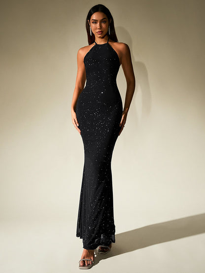 Halter Backless Mesh Sequin Bodycon Dress