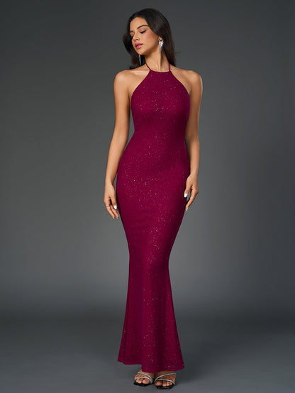 Halter Backless Mesh Sequin Bodycon Dress