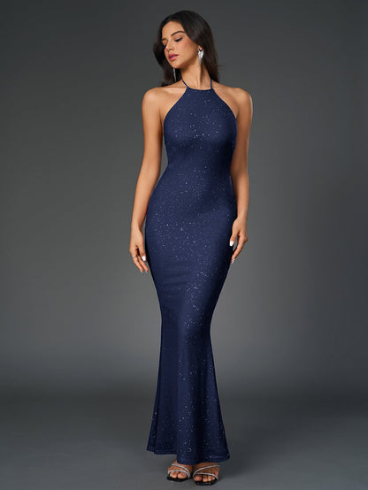 Halter Backless Mesh Sequin Bodycon Dress