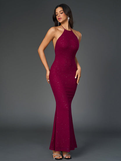 Halter Backless Mesh Sequin Bodycon Dress