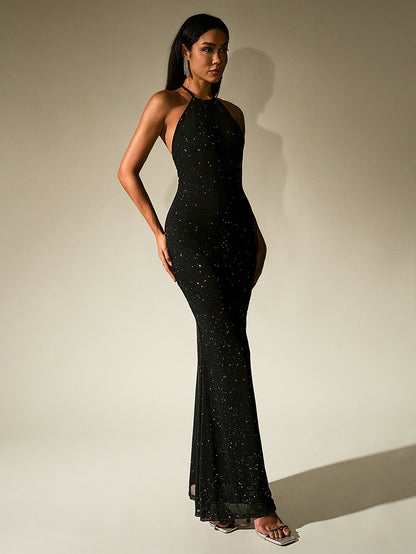 Halter Backless Mesh Sequin Bodycon Dress