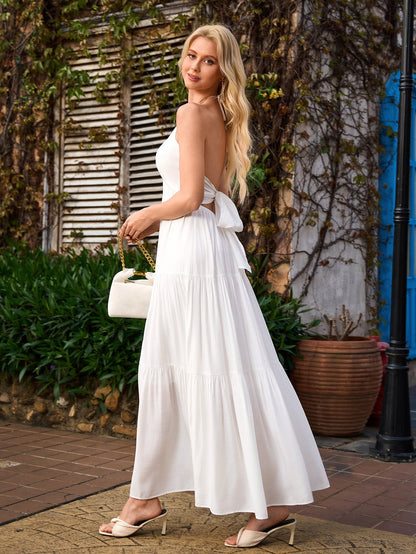 Halter Bow Tie Back Ruched Bust Maxi Dress