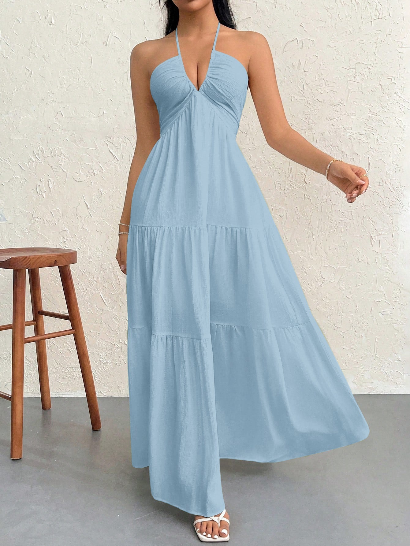 Halter Bow Tie Back Ruched Bust Maxi Dress