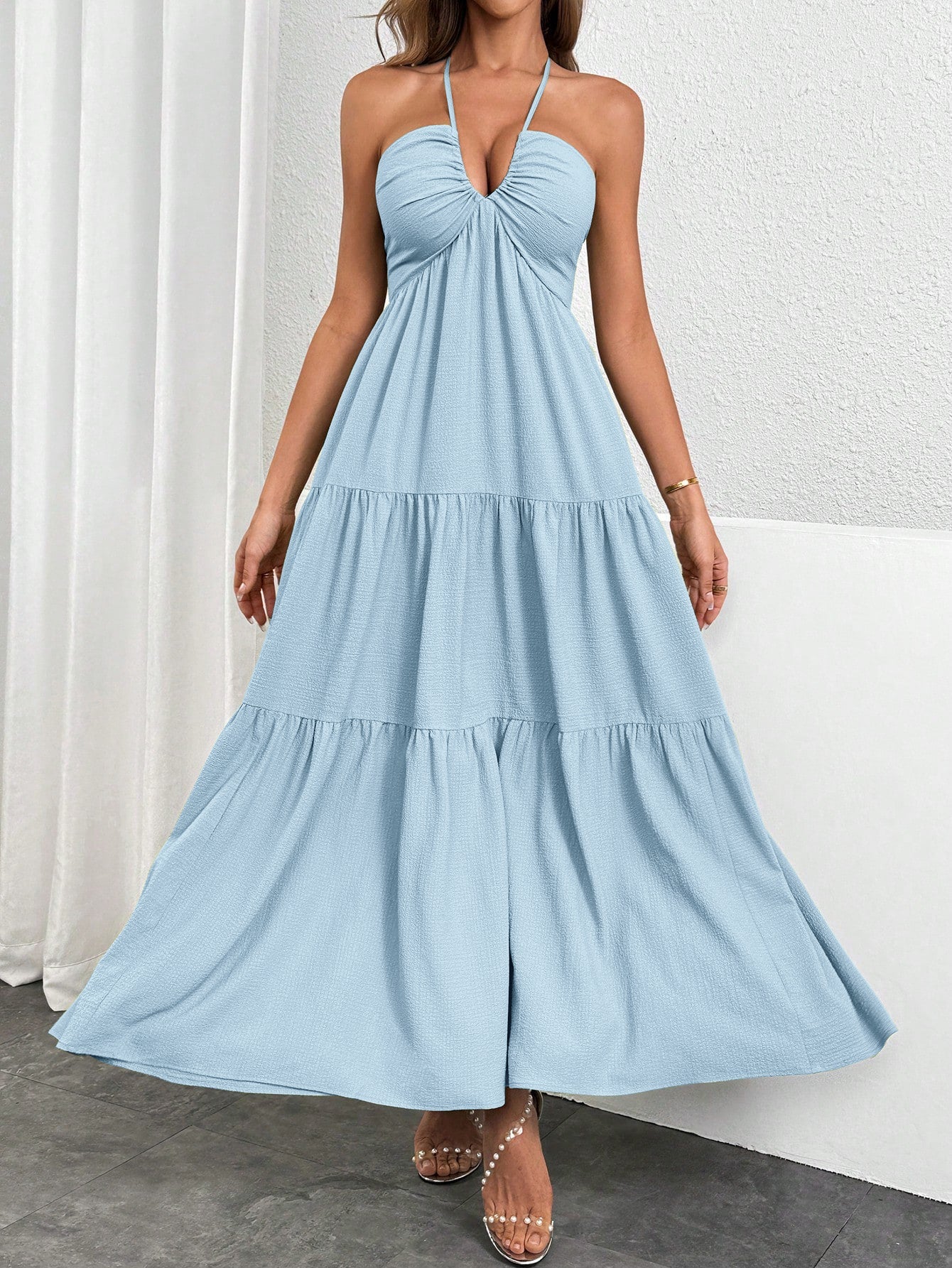 Halter Bow Tie Back Ruched Bust Maxi Dress