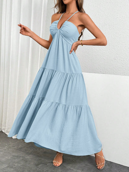Halter Bow Tie Back Ruched Bust Maxi Dress