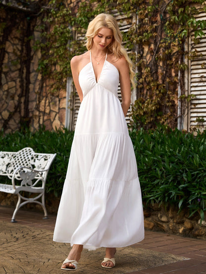 Halter Bow Tie Back Ruched Bust Maxi Dress