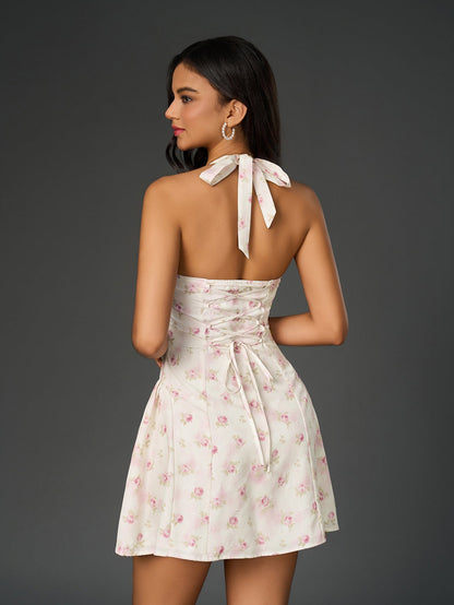 Halter Crisscross Back Floral Print Mini Dress