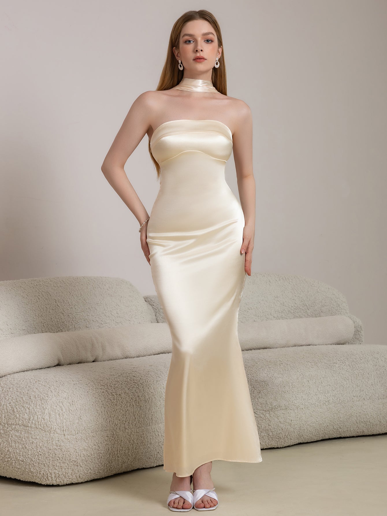 Halter Draped Back Satin Bodycon Prom Dress