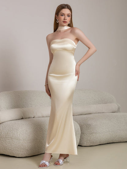 Halter Draped Back Satin Bodycon Prom Dress