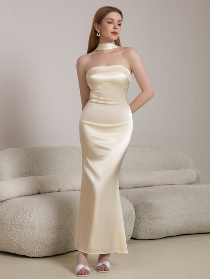 Halter Draped Back Satin Bodycon Prom Dress