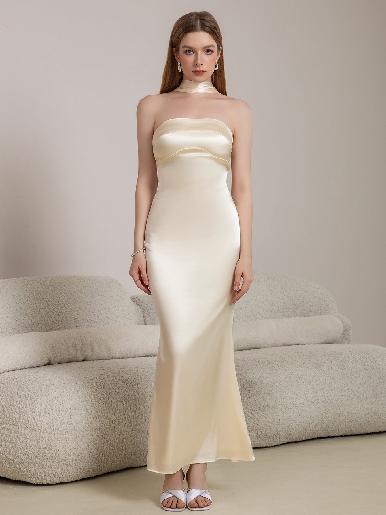 Halter Draped Back Satin Bodycon Prom Dress
