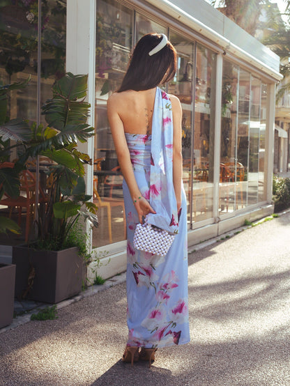 Halter Neck Ribbon Mesh Floral Print Tube Dress