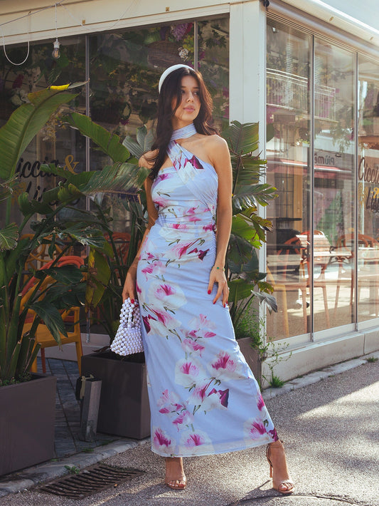 Halter Neck Ribbon Mesh Floral Print Tube Dress