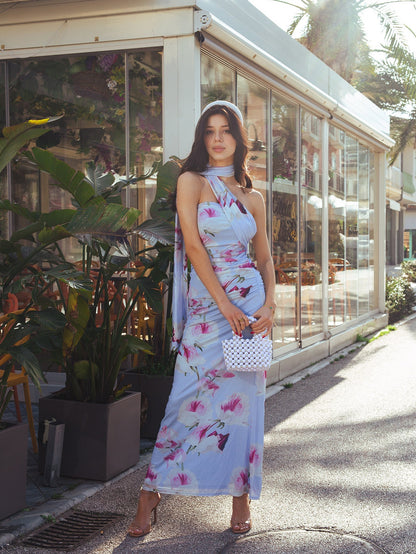 Halter Neck Ribbon Mesh Floral Print Tube Dress